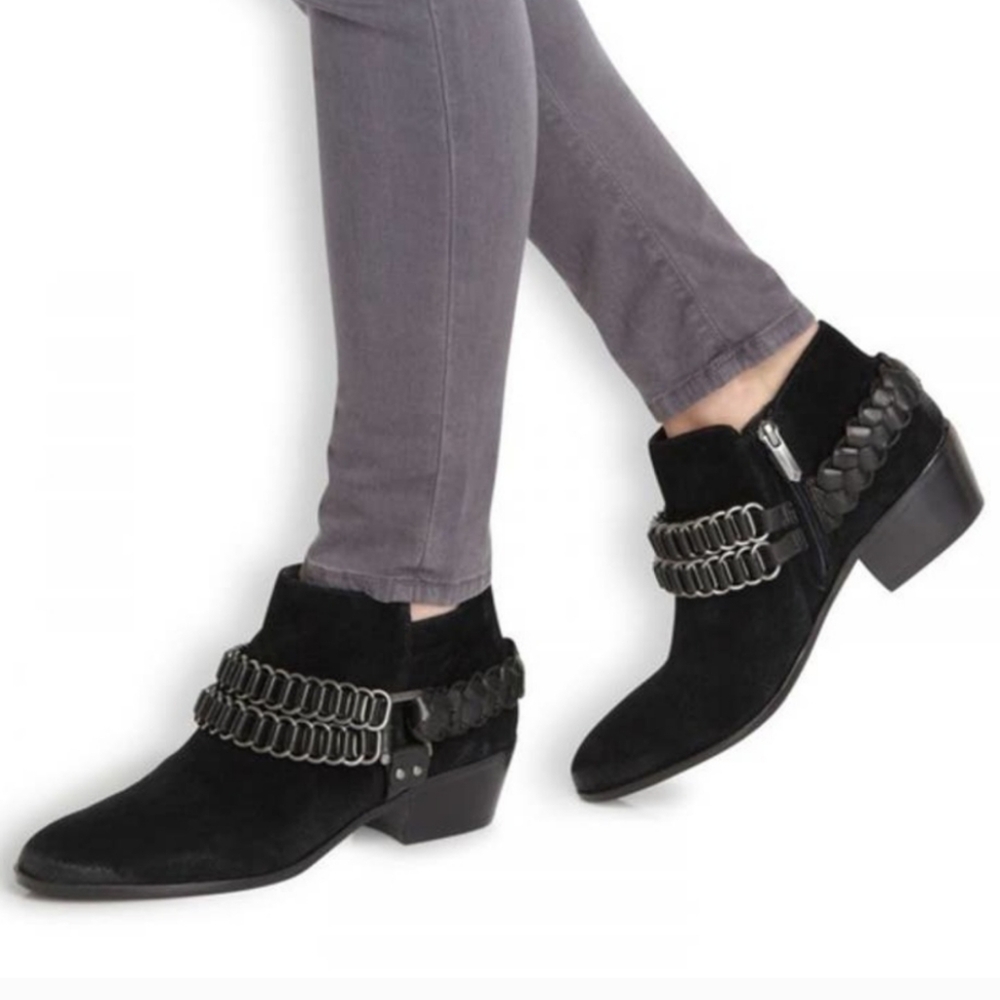 Sam Edelman Chic Black Suede Posey Ankle Booties with Studded Strap Size 6.5